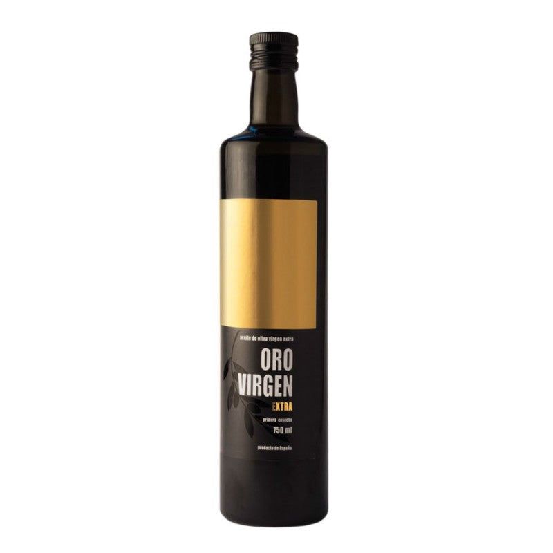 A 750 ml bottle of Oro Virgen Extra Virgin Olive Oil with a black cap and a label that has 'Oro Virgen' written on it.