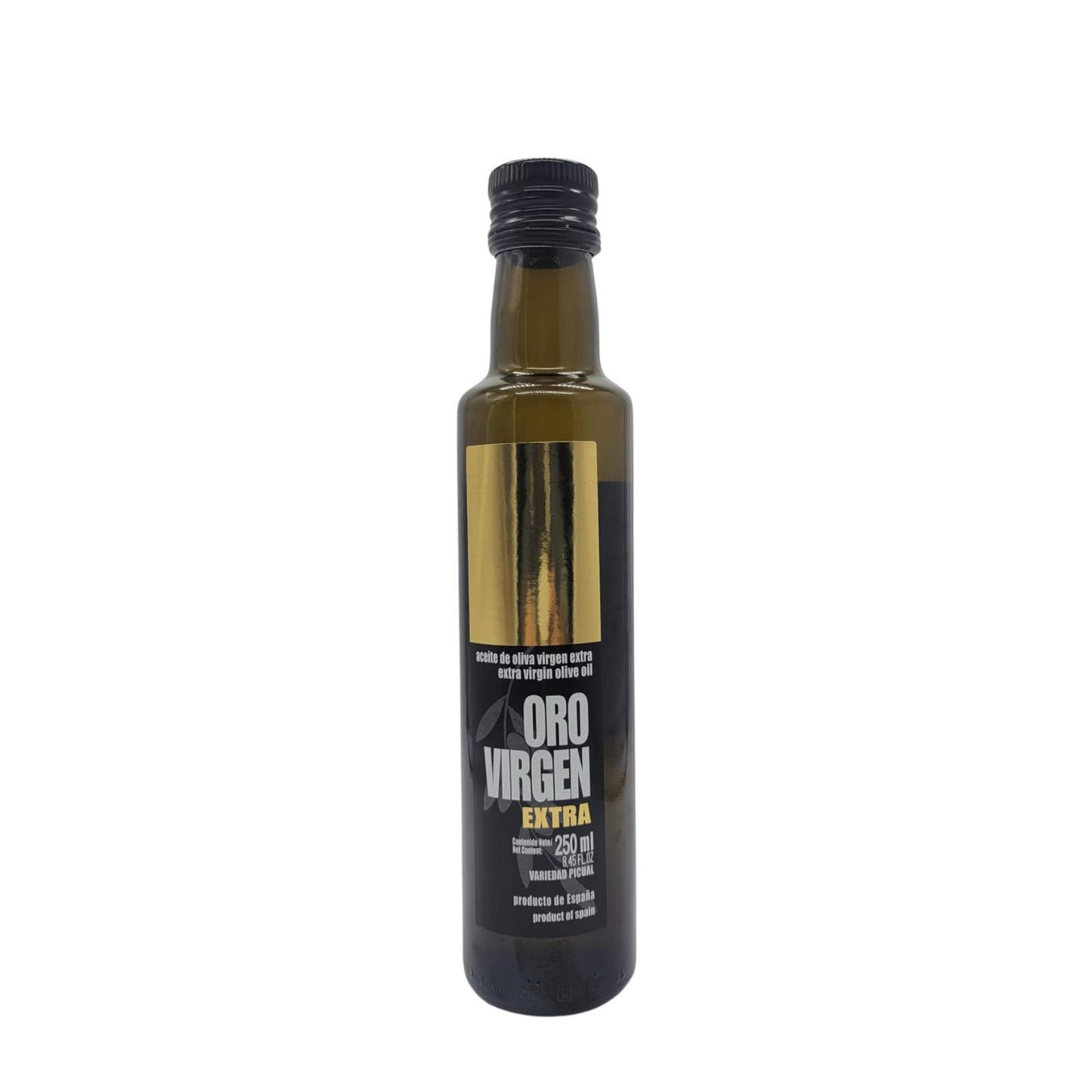 A 250 ml bottle of Oro Virgen Extra Virgin Olive Oil with a dark label and a clear display of the oil inside.