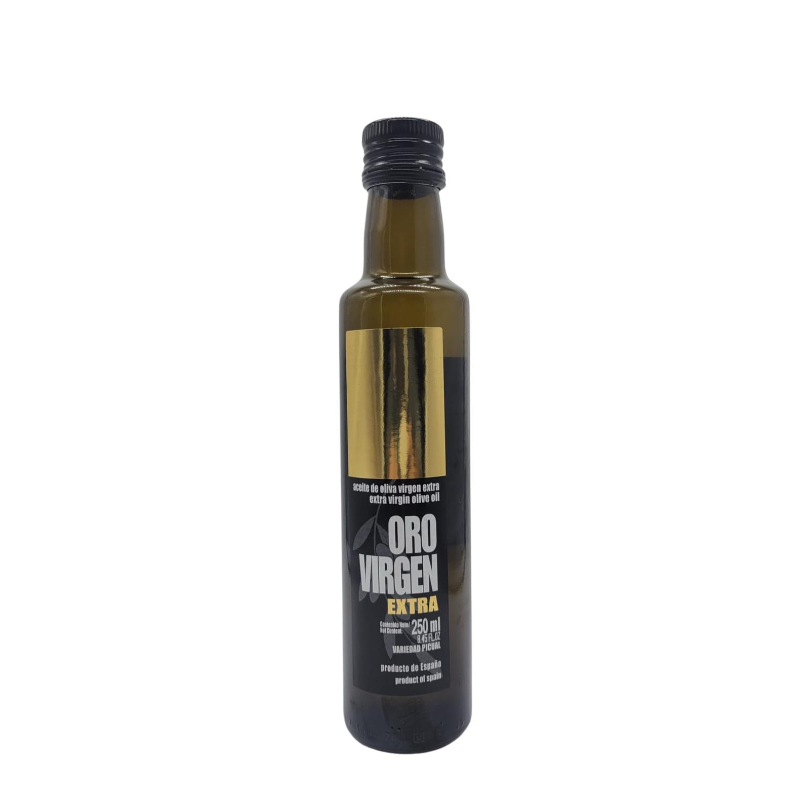 A 250 ml bottle of Oro Virgen Extra Virgin Olive Oil with a dark label and a clear display of the oil inside.